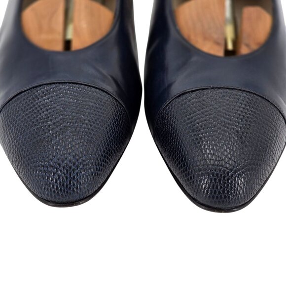 Vintage Salvatore Ferragamo Womens 9AA Navy Leather Reptile Embossed Dress Pumps - Picture 9 of 9